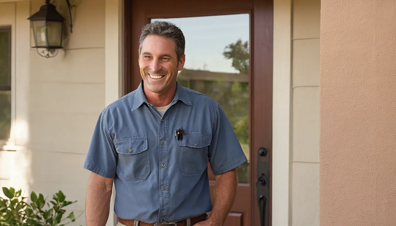 Homeowner talking with a friendly pest control provider at the front door of a stucco home in Richmond