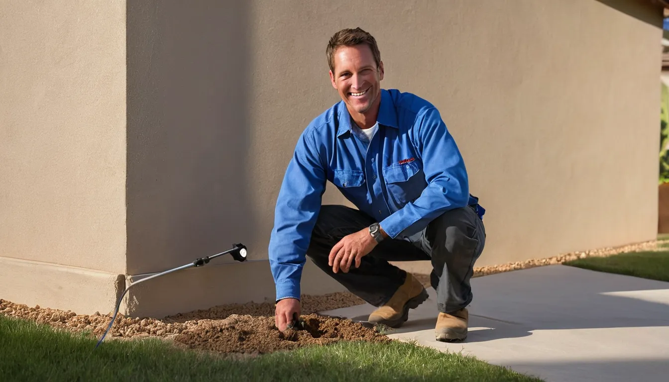 A friendly provider inspecting a wooden wall frame with a flashlight at a stucco ranch home in Richmond